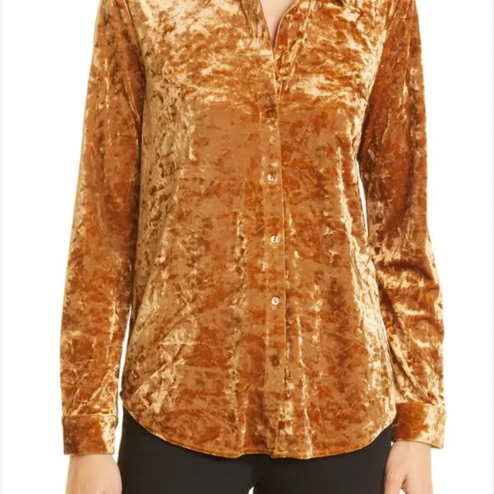L'AGENCE Velvet Button-Down Shirt in Rich Gold